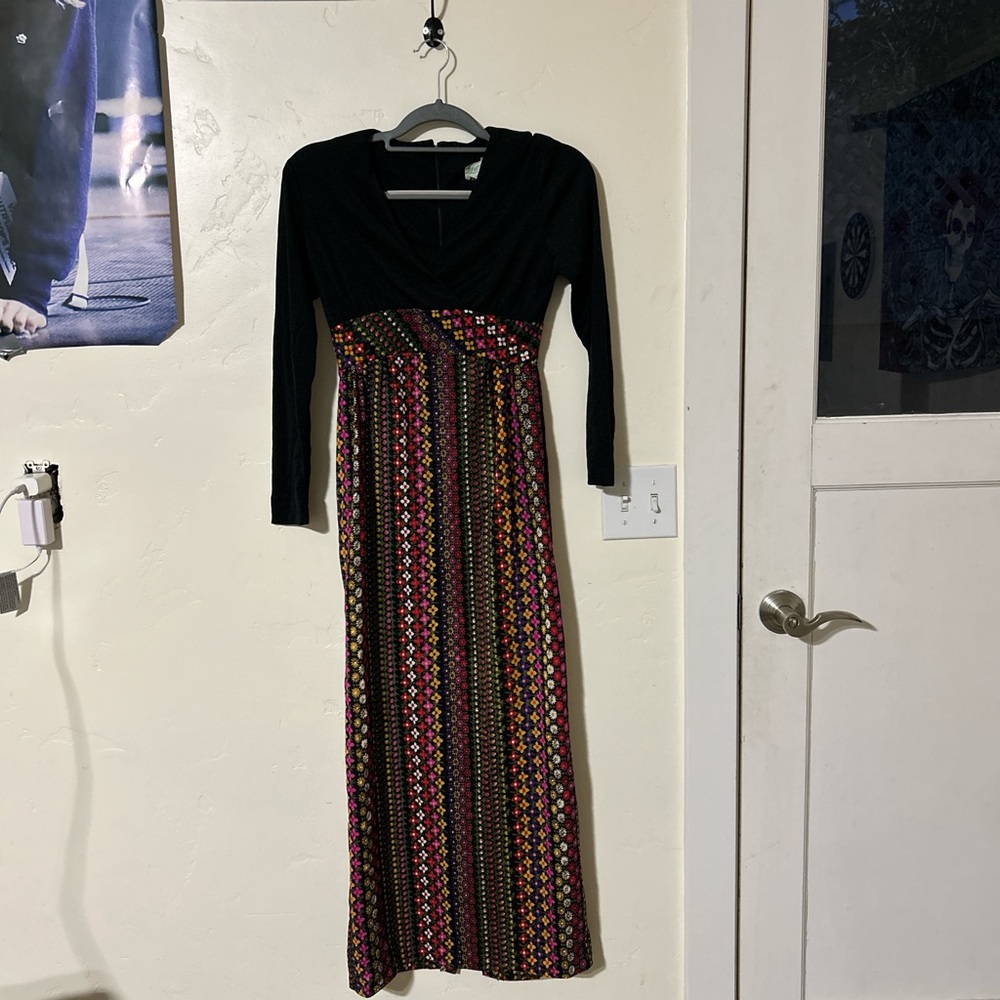 Gunne Sax Black and Colorful Patterned Long Sleeve Dress